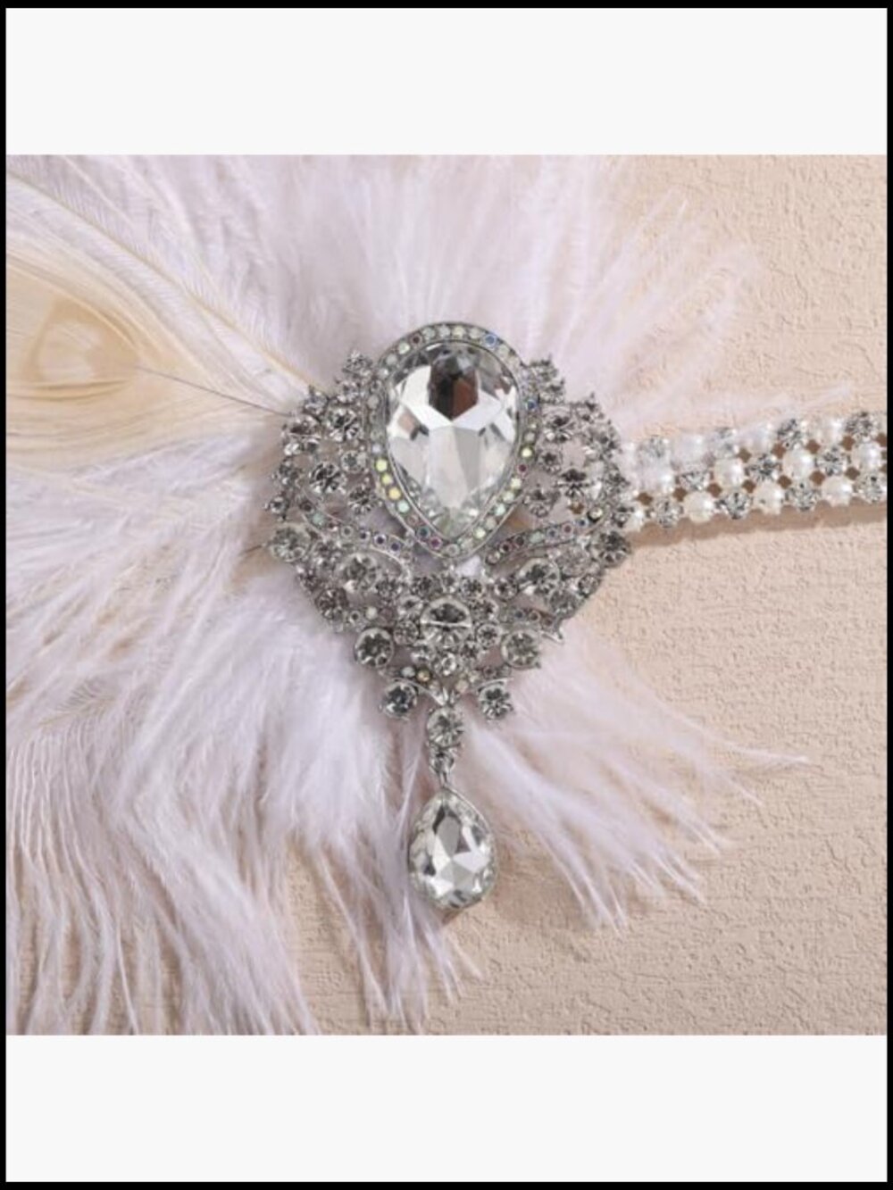 1920s Flapper White Feather Headband with Crystal Pendant Rhinestone Hair - Picture 6 of 7